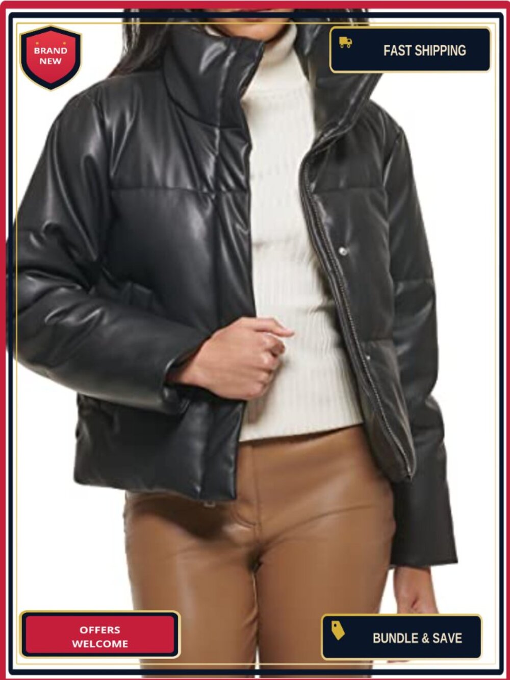 Women's Quilted Vegan Leather Cropped Puffer Jacket Water Resistant